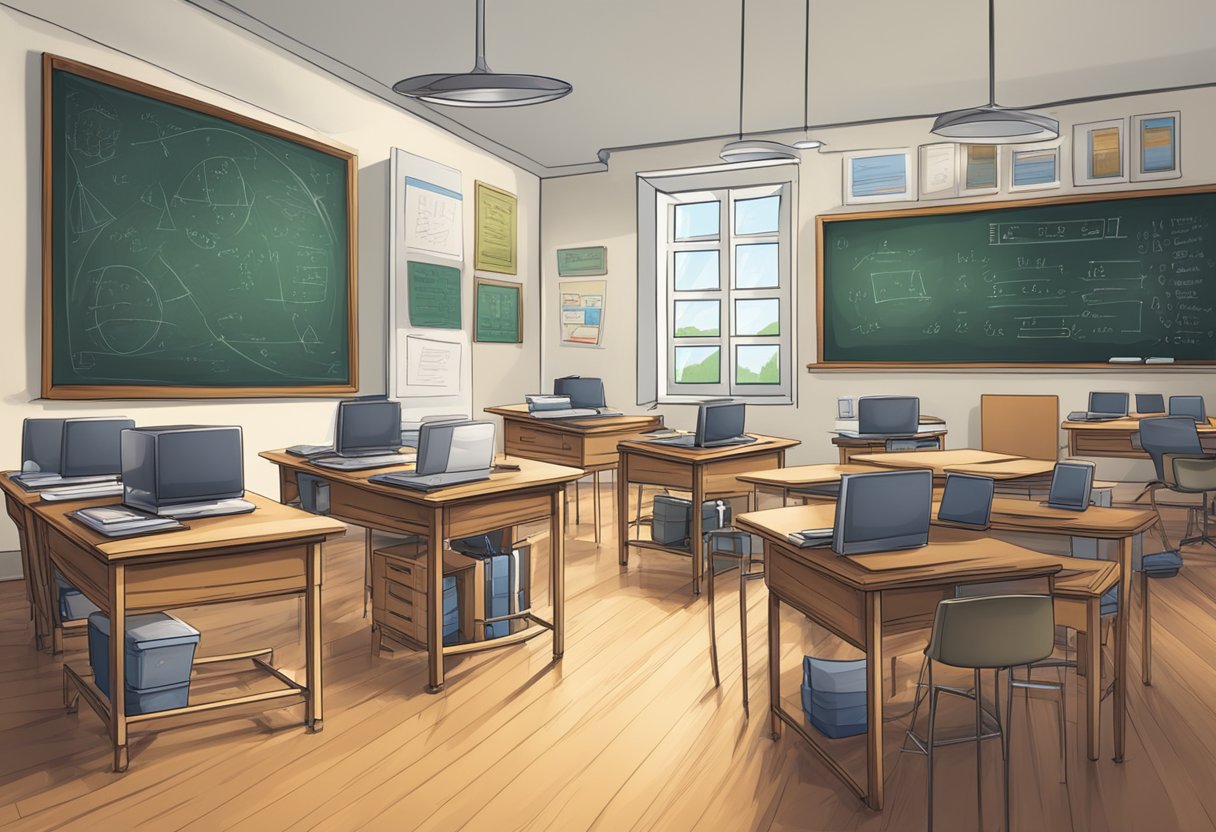 Assessment and Progress Tracking in Physics: Monitoring Student Learning Progress Tracking in Physics,assessment LearningMole A physics classroom with a chalkboard filled with equations, students' desks, and a teacher's desk with a computer and papers