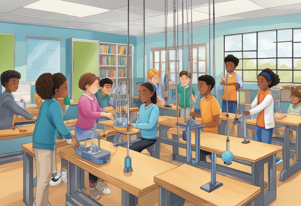 A group of diverse students conduct hands-on experiments with various physics principles, using equipment such as pulleys, ramps, and pendulums in a classroom setting