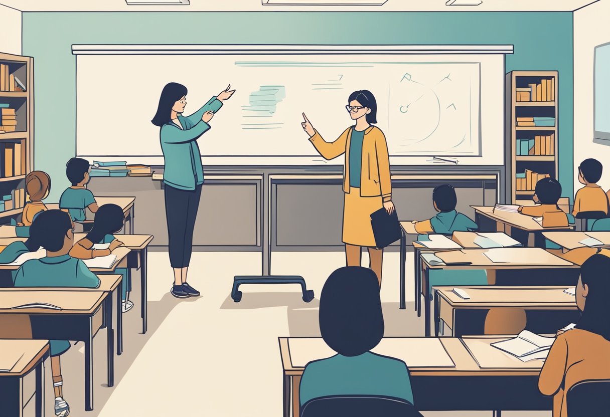 Comprehensive Guide to Reading Comprehension: Building Strong Literacy Skills reading comprehension,student LearningMole A young student surrounded by books, pointing to a question mark on a chalkboard while a teacher gestures to encourage participation