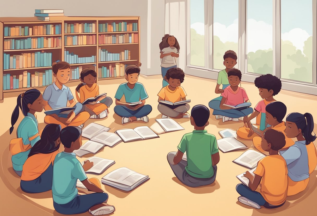 Comprehensive Guide to Reading Comprehension: Building Strong Literacy Skills reading comprehension,student LearningMole A group of young students sitting in a circle, surrounded by books and tablets. A teacher stands in the center, pointing to a large chart with reading comprehension strategies