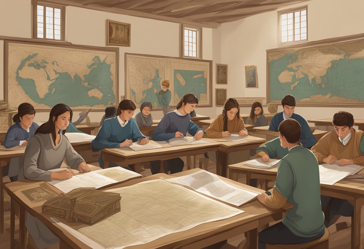 An ancient history classroom with students studying artifacts and maps