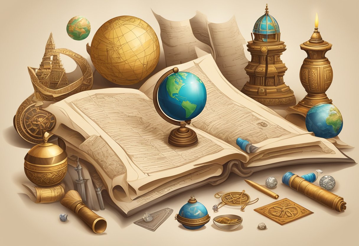 Ancient History: An ancient philosopher's scroll surrounded by artifacts and symbols from different civilizations, with a globe and quill nearby