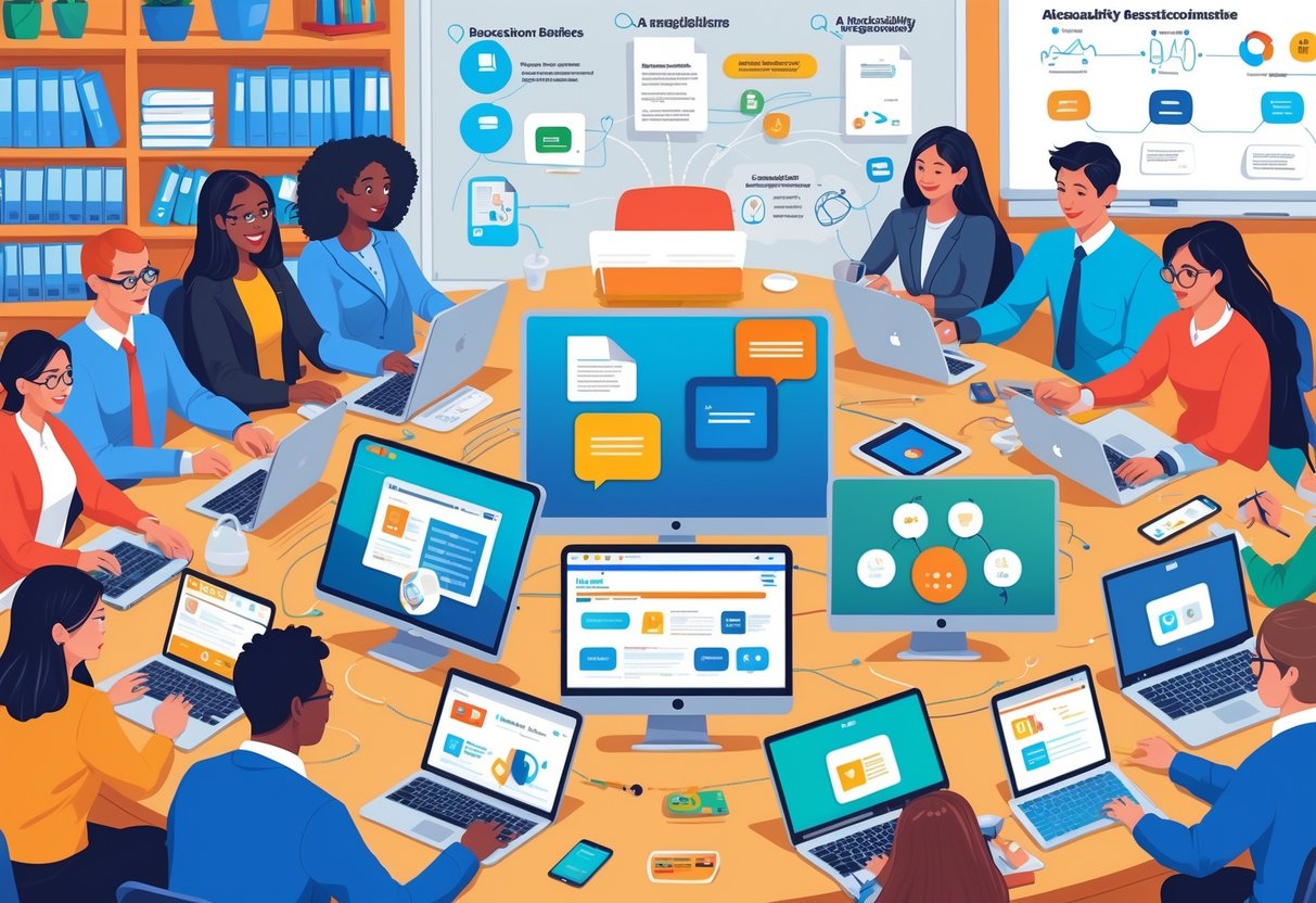 Teaching Resources and Tools: Essential Strategies for Educators Teaching Resources and Tools,lesson plan,learning style LearningMole A group of educators and students working together with digital devices showing different file formats and accessibility icons in a bright classroom setting.