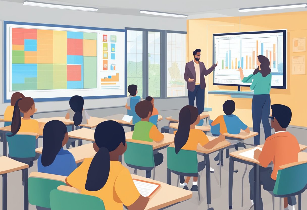 Predictive Analytics in Education: A classroom with data charts and graphs displayed on a smart board, while a teacher and students engage in discussion