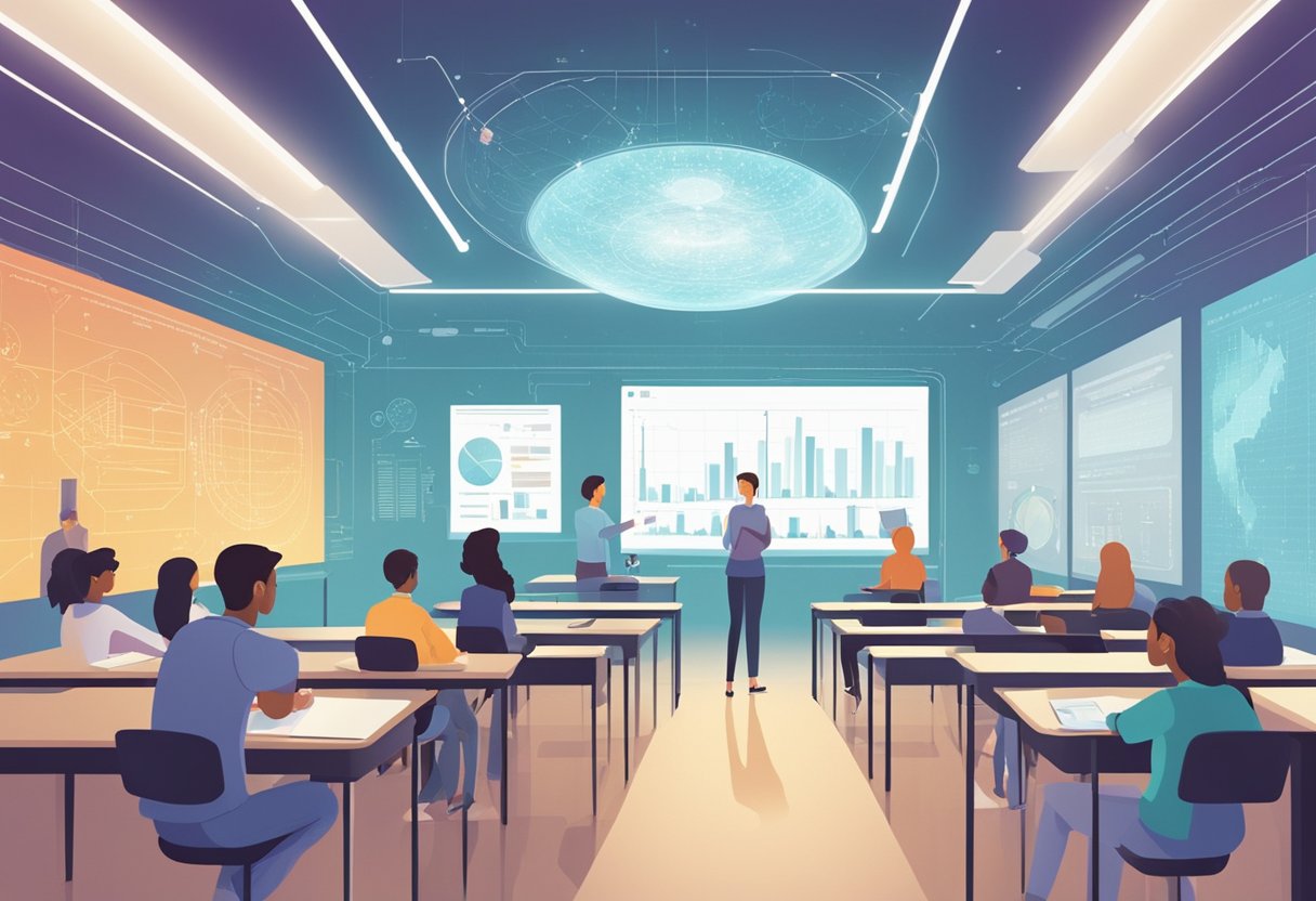 Predictive Analytics in Education: A futuristic classroom with data charts projected on the walls, students engaged in interactive learning, and a teacher using advanced technology for predictive analysis