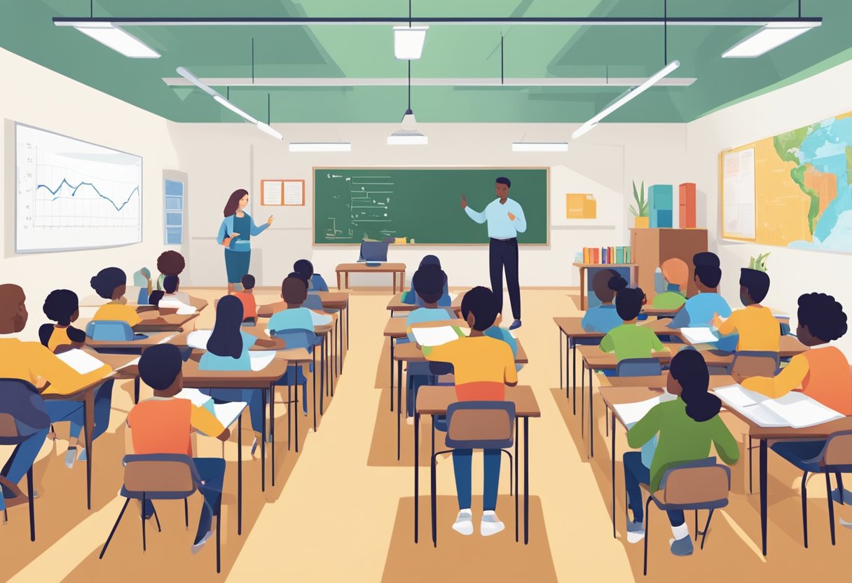 Predictive Analytics in Education: A classroom with diverse students engaged in learning, while a teacher uses data to predict and guide their educational paths