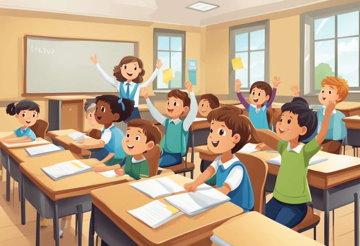 Kids Quizzes: A group of children sitting at desks, raising their hands to answer questions from a teacher at the front of the classroom