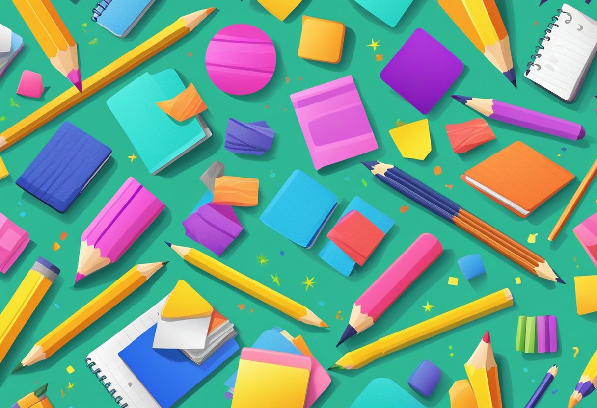 Kids Quizzes: A colorful assortment of quiz-related items like pencils, notebooks, and question mark symbols arranged on a vibrant background