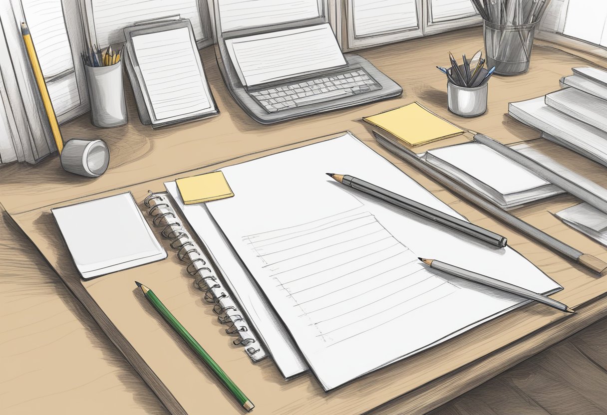 Handwriting Practice Sheets: A desk with blank handwriting practice sheets and a pencil