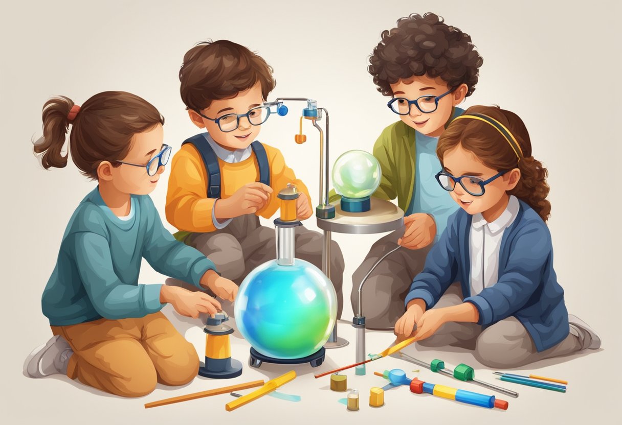 Physics Activities Year 6: A group of children conducting simple physics experiments using various materials and tools