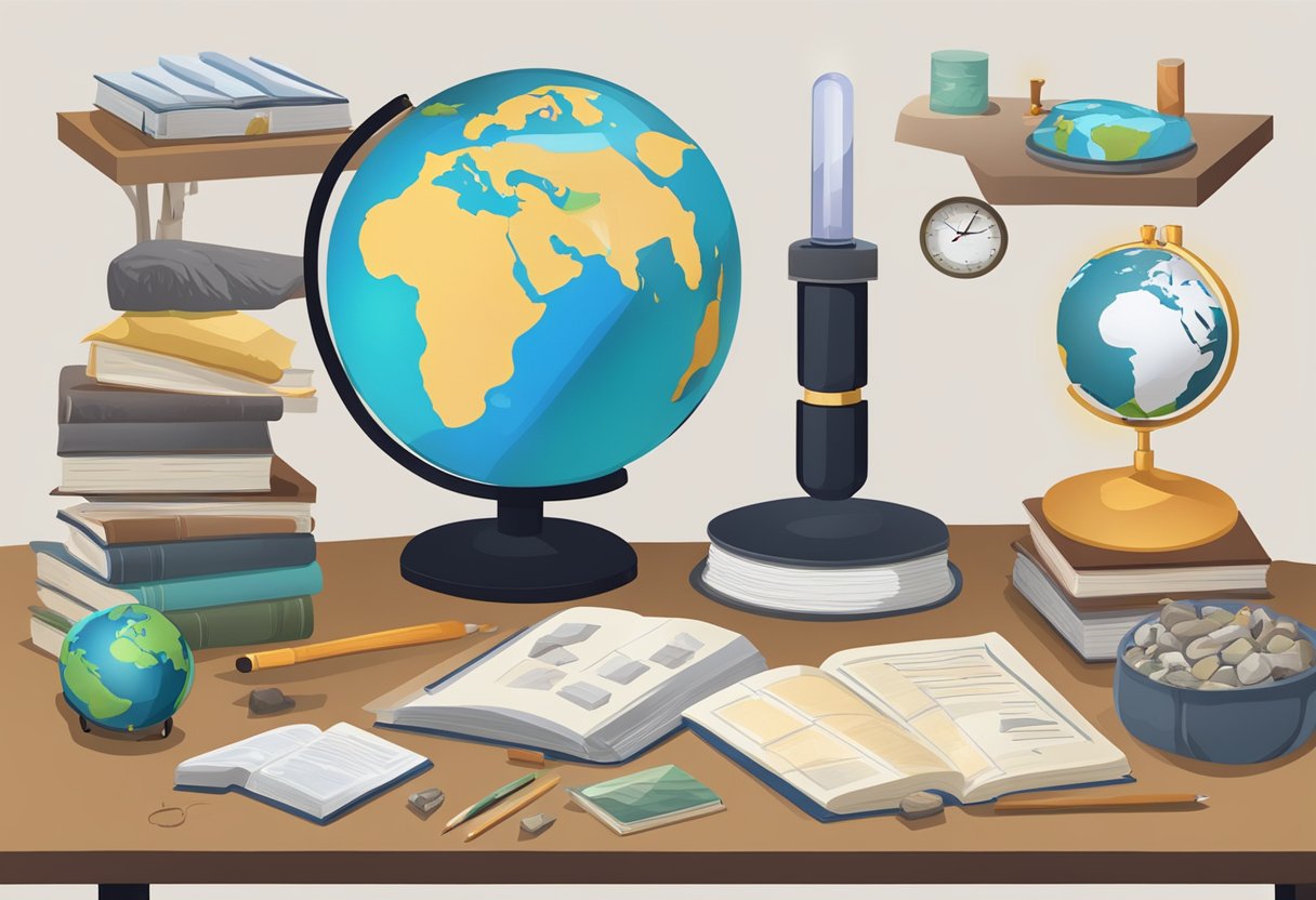 Earth Science Teaching Resources: Enhancing Classroom Learning earth science,science LearningMole Earth Science Teaching Resources: A collection of Earth science teaching resources displayed on a table, including textbooks, maps, rock samples, and scientific instruments