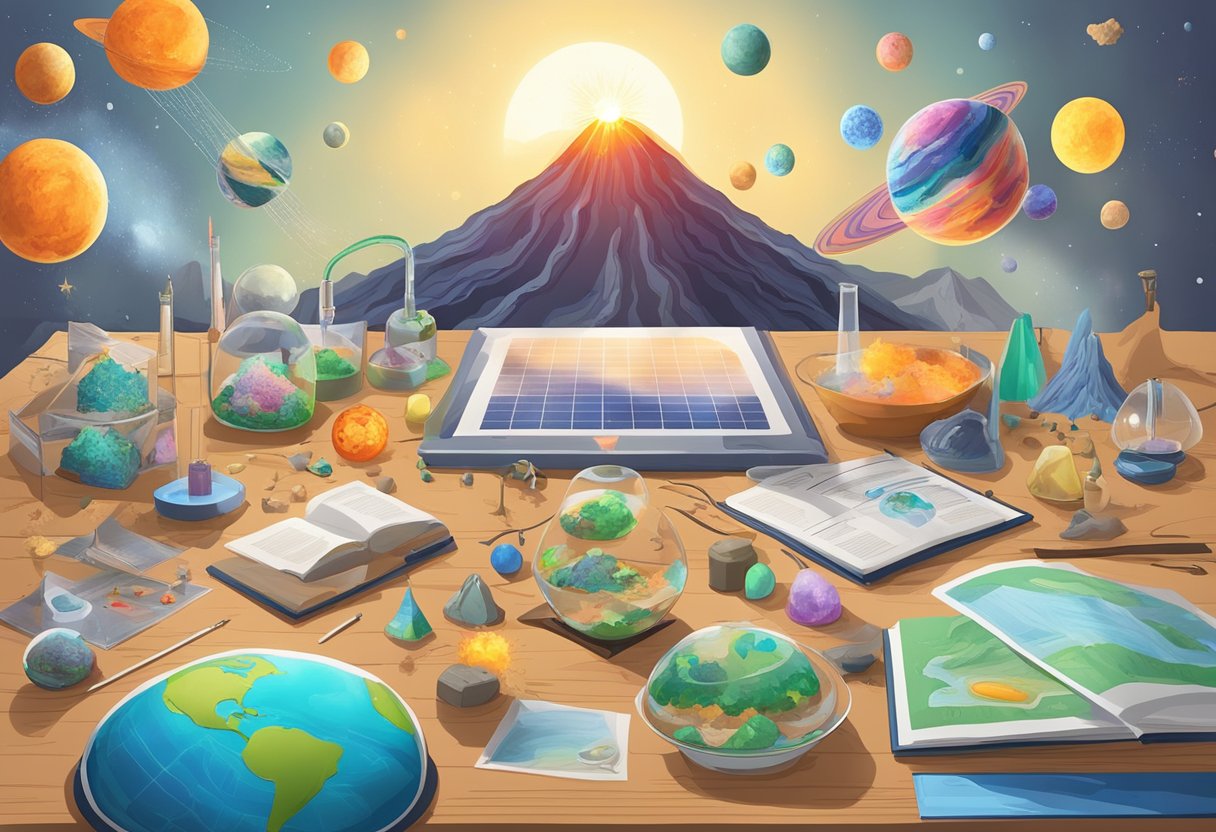 Science Fair Project Ideas: A table covered with various science fair projects, including a volcano model, a solar system diorama, and a homemade slime experiment