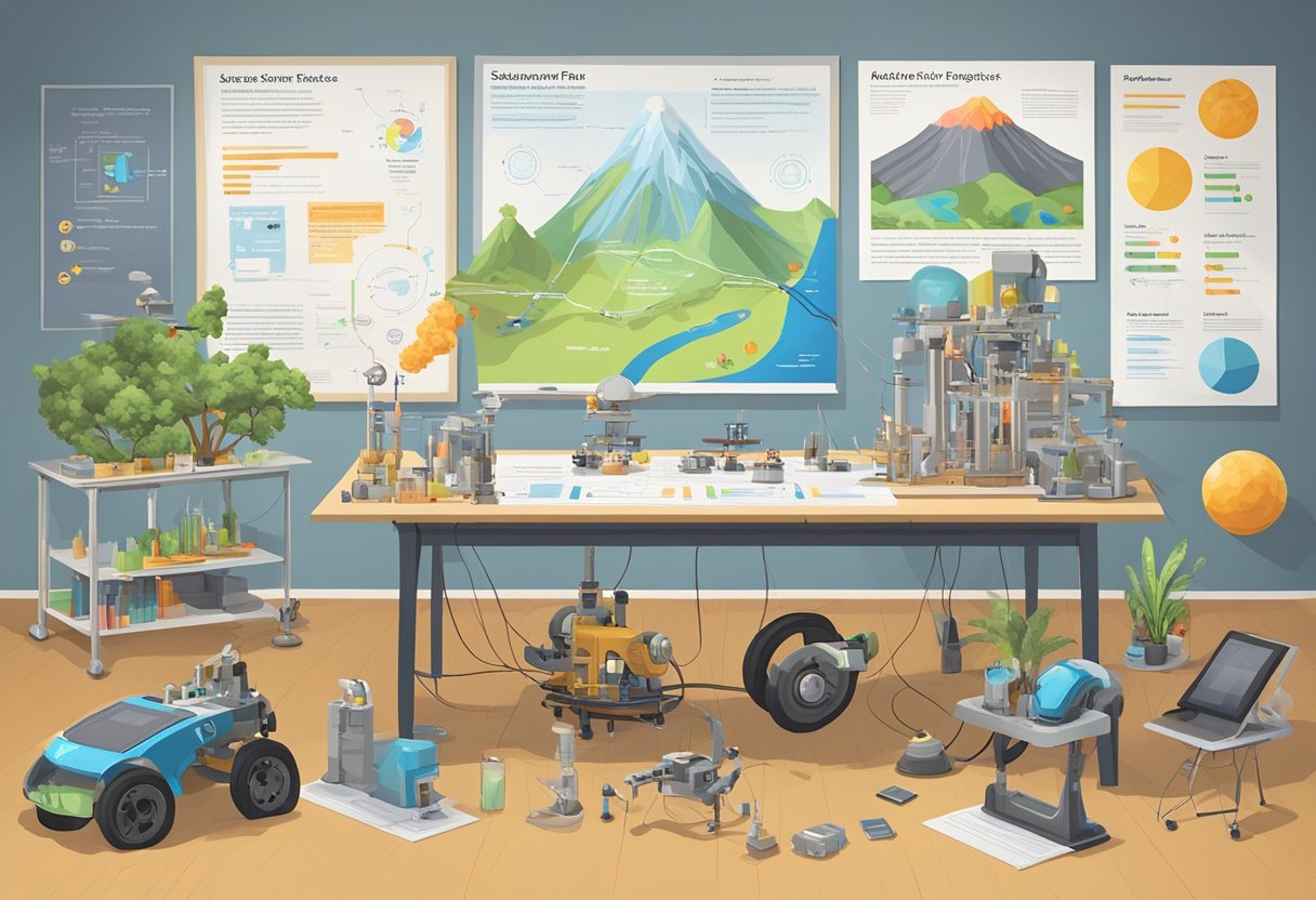 Science Fair Project Ideas: A table covered in science fair projects, including a model volcano, a solar-powered car, and a homemade robot arm. Posters with graphs and data hang on the wall