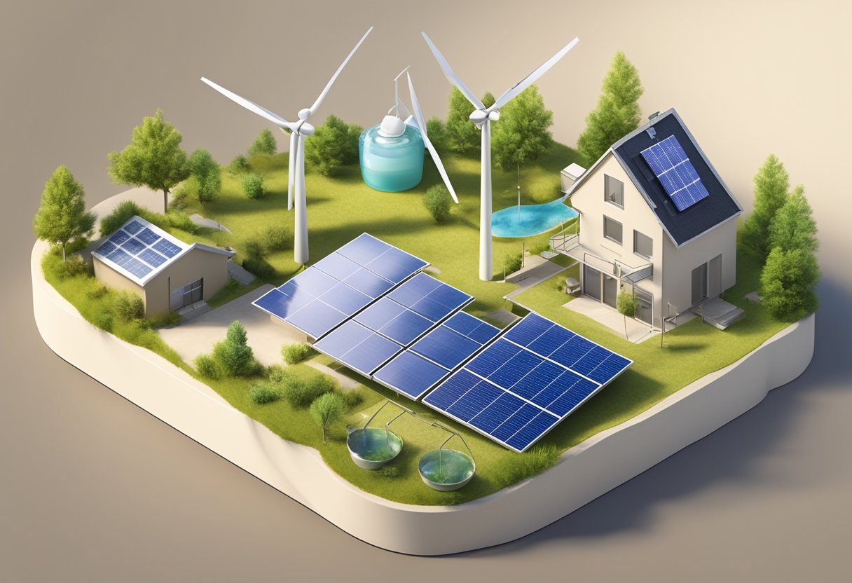 Science Fair Project Ideas: A vibrant display of eco-friendly projects: a solar-powered model, a miniature wind turbine, and a water purification experiment