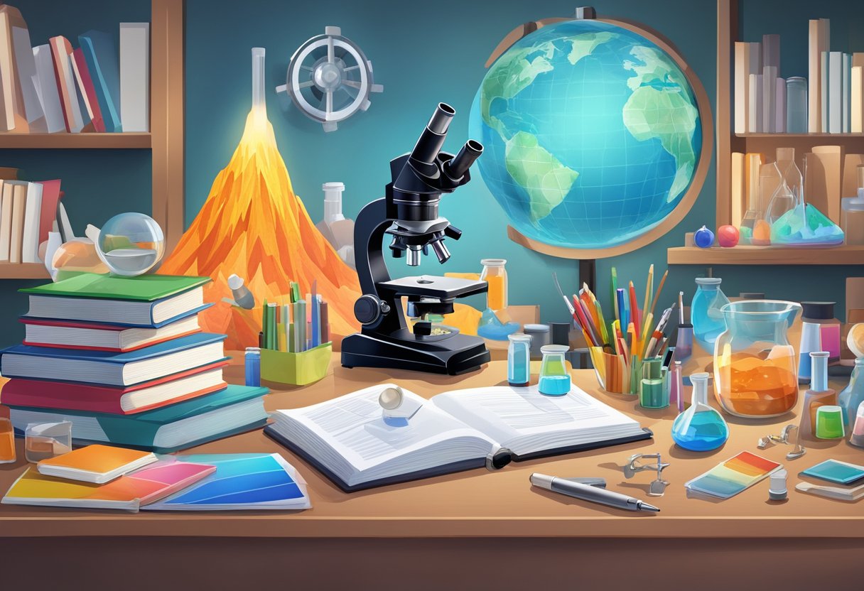 Science Fair Project Ideas: A cluttered desk with science experiment materials, books, and a colorful display board. A microscope, test tubes, and a model volcano are prominent