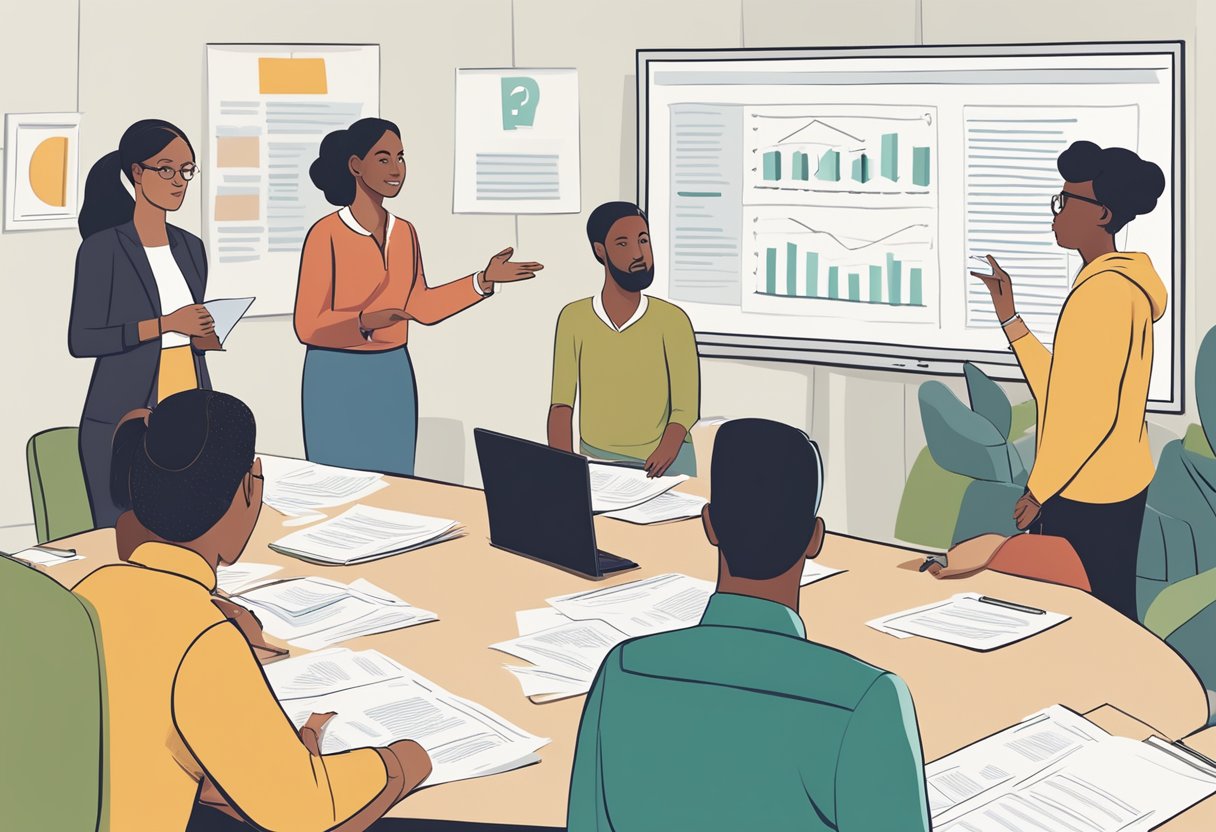 Behaviour Management Strategies: Enhancing Classroom Discipline and Focus behaviour management LearningMole Behaviour Management Strategies: A diverse group of people gather around a bulletin board filled with questions and answers, while a facilitator leads a discussion on behavior management strategies