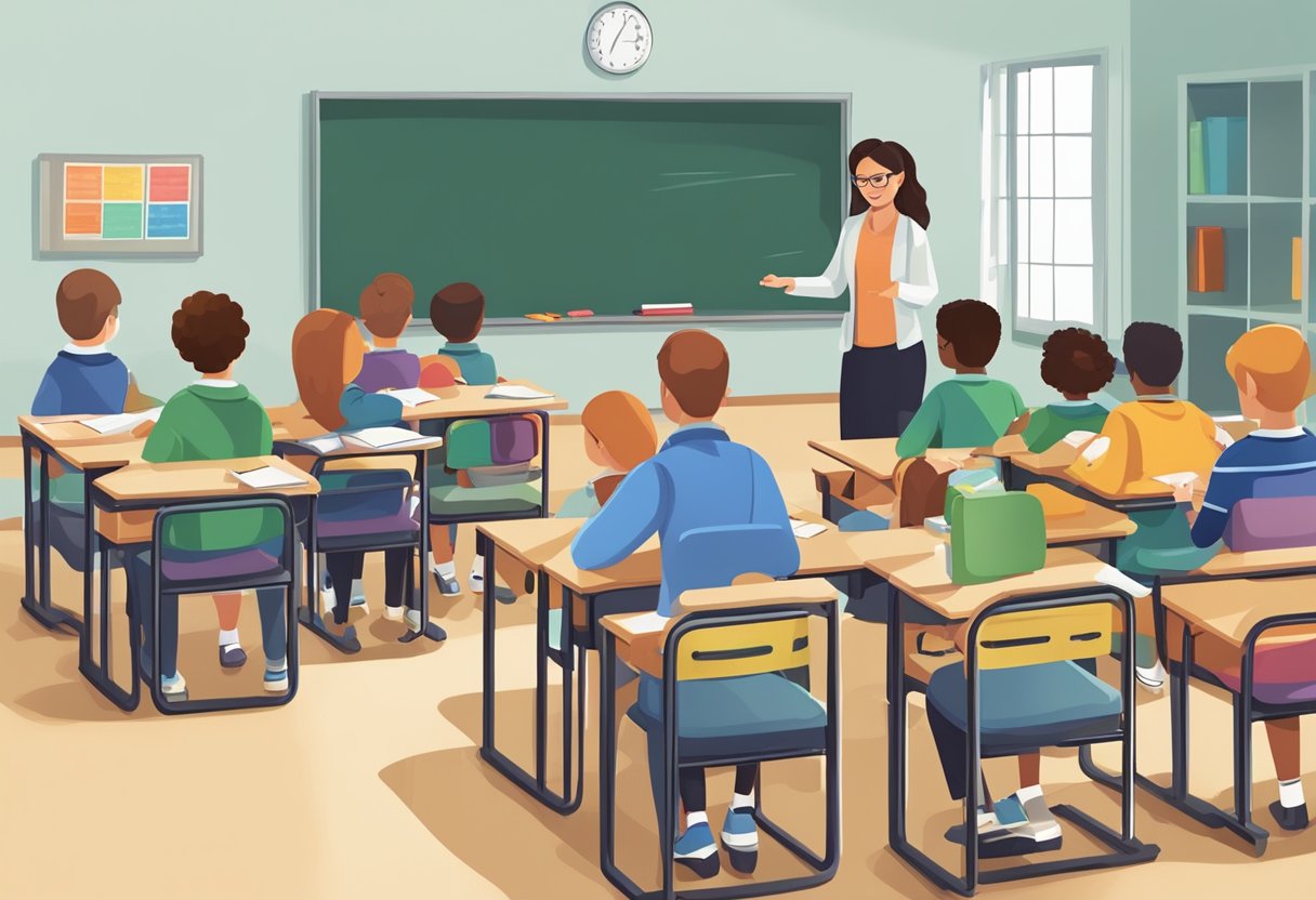 ADHD Classroom Strategies: Enhancing Focus and Learning for Diverse Needs ADHD LearningMole A classroom scene with a teacher implementing behavioral interventions and a desk with medication for ADHD