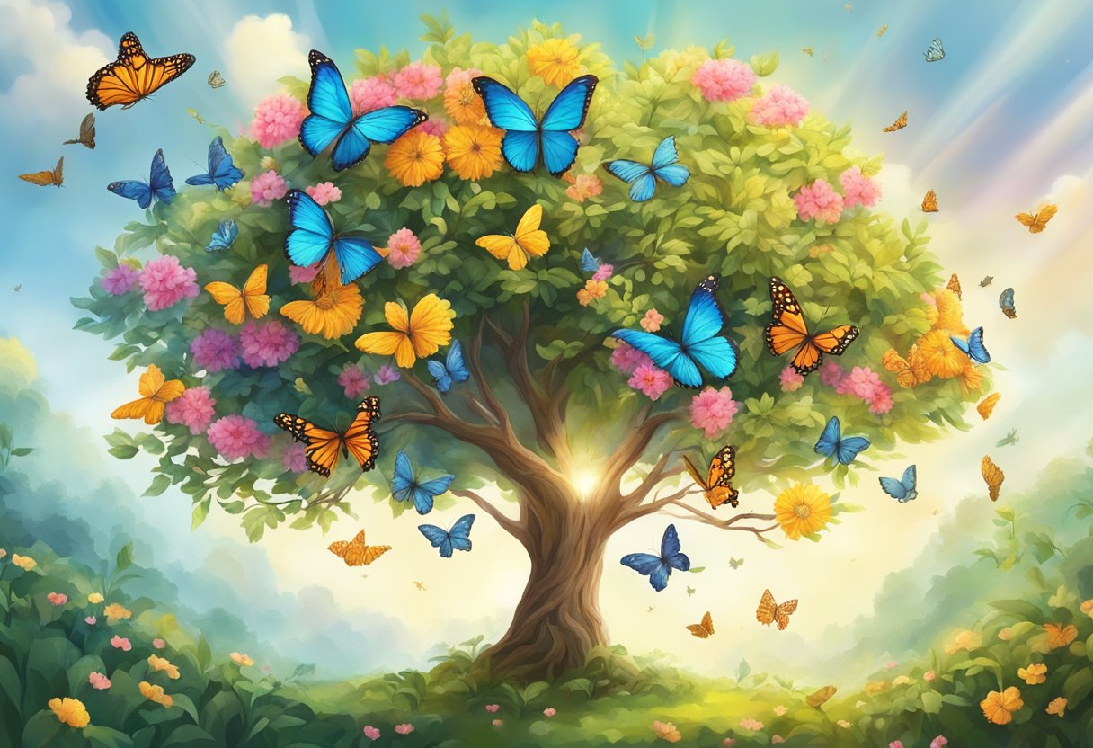Gifted and Talented Education: Nurturing Exceptional Minds gifted and talented,gifted LearningMole Gifted and Talented Education: A young tree bursting with vibrant blooms, surrounded by a variety of colorful butterflies and birds fluttering around in the sunlight