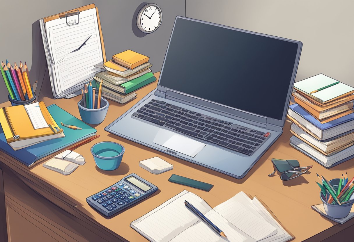 Challenge Tasks Year 6: Engaging Activities to Enhance Learning Challenge,year 6 LearningMole Challenge Tasks Year 6: A cluttered desk with pencils, notebooks, and a calculator. A clock on the wall shows the time. A stack of textbooks and study guides