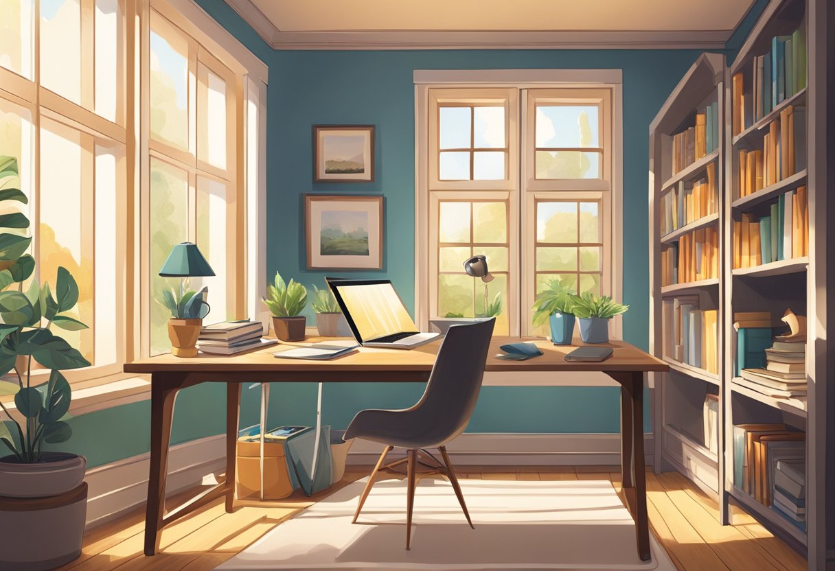 Home Learning Strategies: Tips for Effective Study at Home Home learning,home education,Study at home LearningMole Home Learning Strategies: A cozy home with a desk, chair, and bookshelves. A laptop and notebooks sit on the desk, with a window showing a sunny day outside