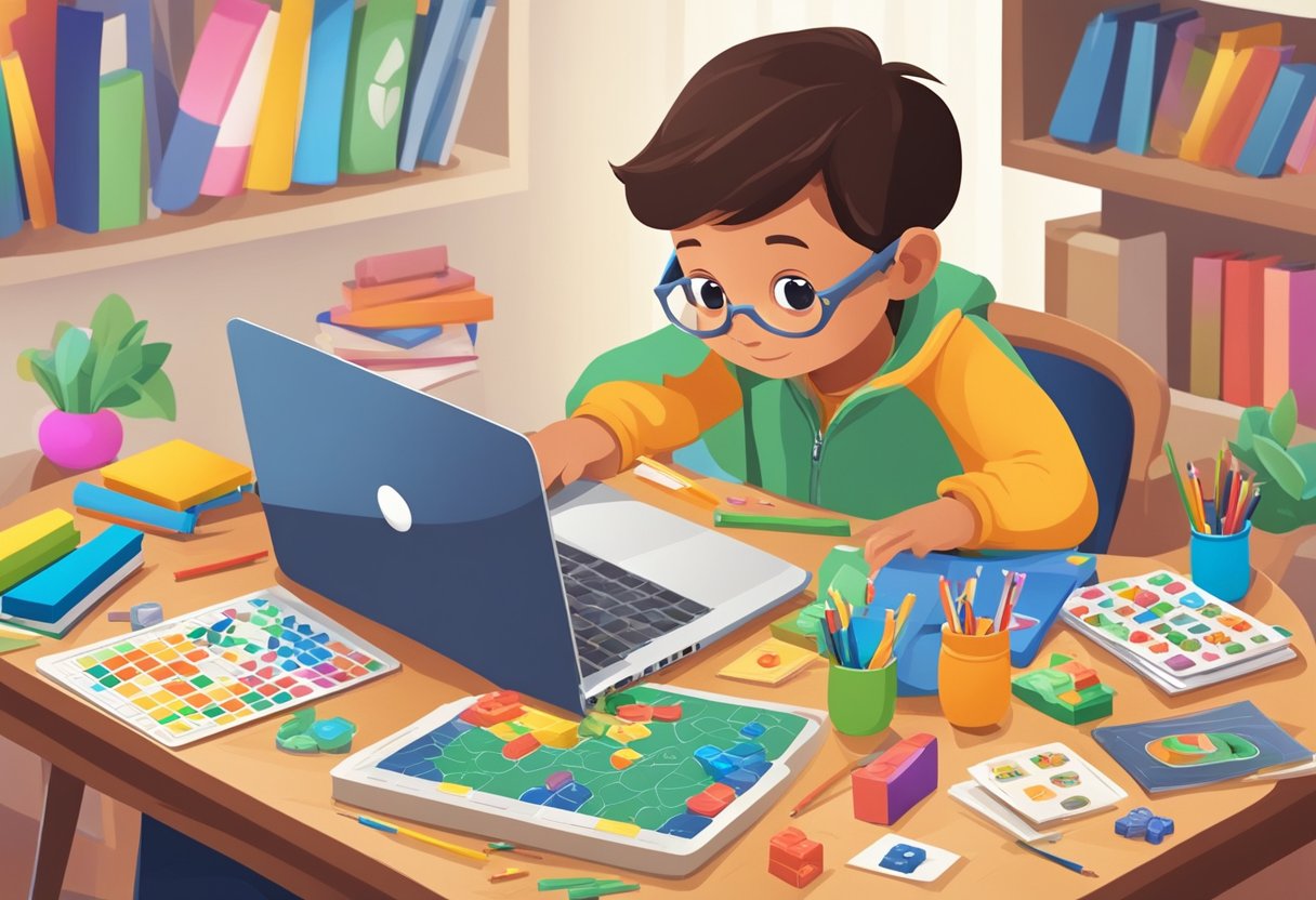 Educational Games at Home: Enhancing Learning in a Fun Way educational games,educational LearningMole Educational Games at Home: A child surrounded by educational games, sitting at a table with a laptop and board games, with colorful learning materials scattered around