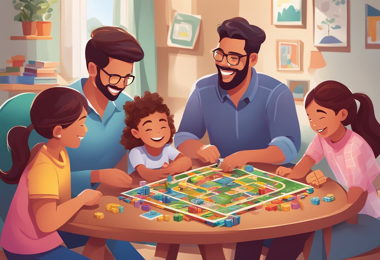 Educational Games at Home: Enhancing Learning in a Fun Way educational games,educational LearningMole Educational Games at Home: A colorful board game sits on a table surrounded by books, pencils, and paper. A family of four gathers around, laughing and learning together