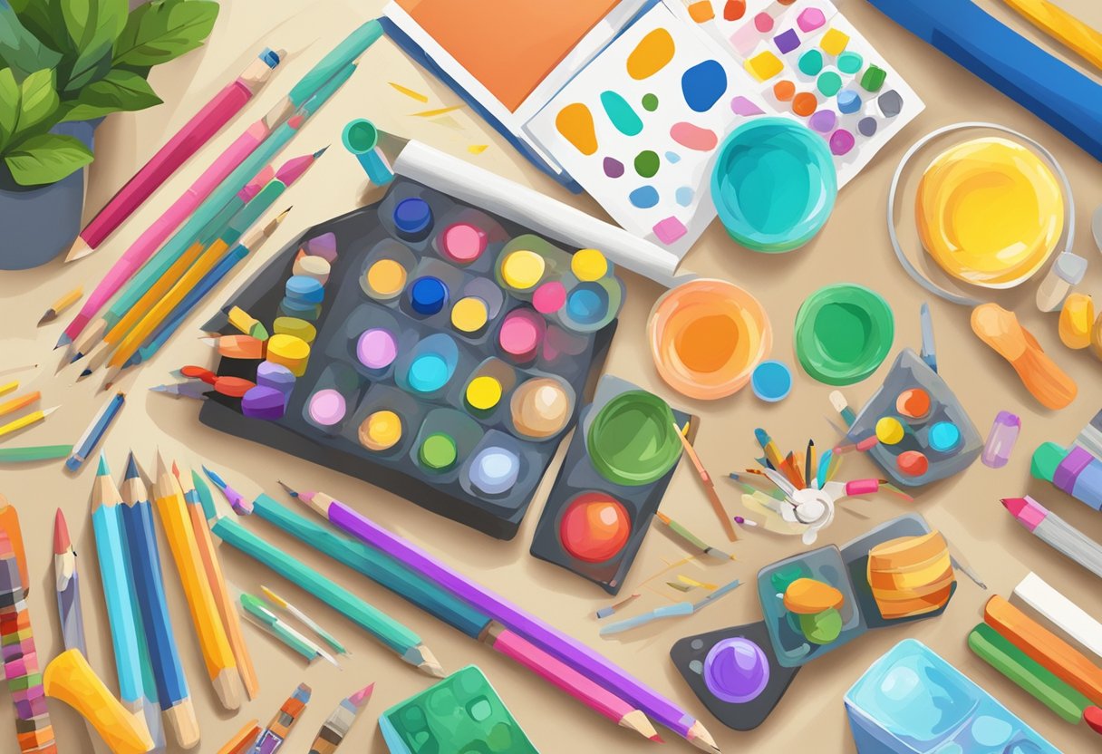 Educational Games at Home: Enhancing Learning in a Fun Way educational games,educational LearningMole Educational Games at Home: A table filled with colorful art supplies and educational games, surrounded by children's drawings and completed craft projects