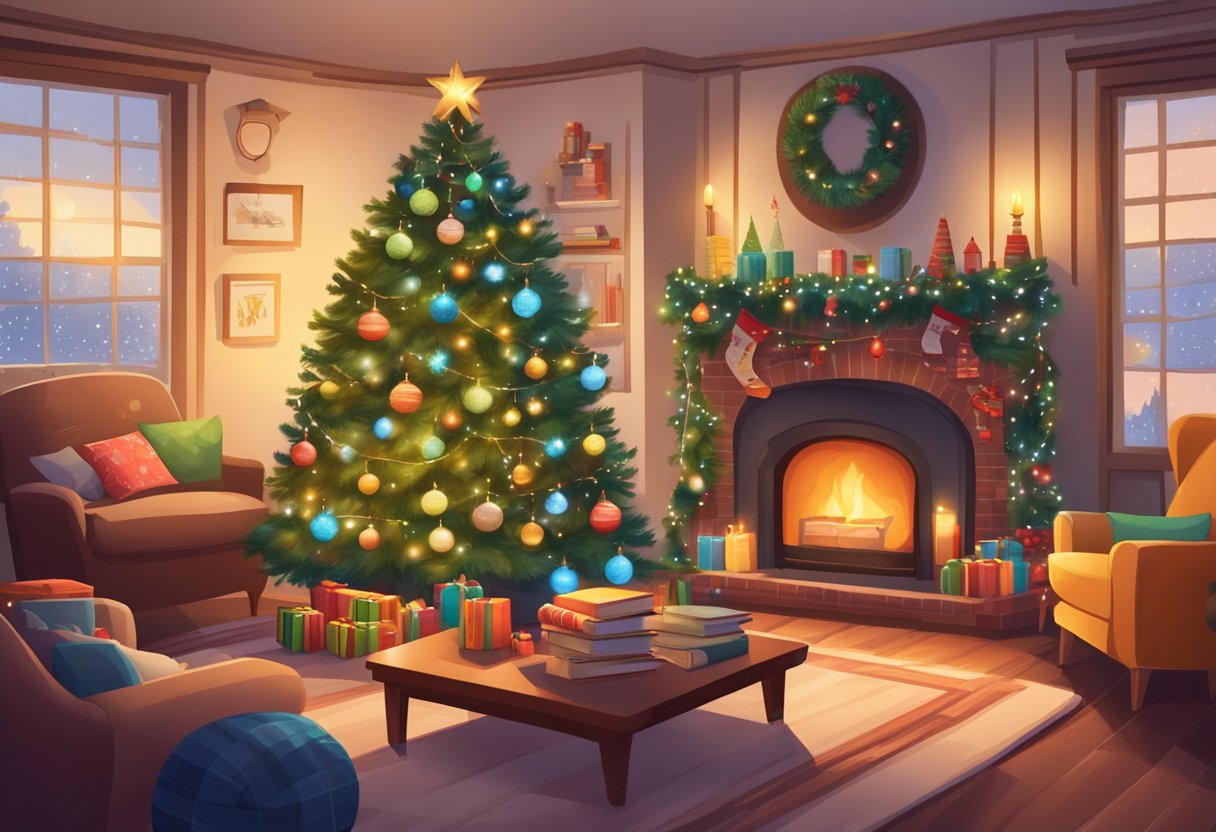 Holiday Learning Activities: A cozy living room with a crackling fireplace, a decorated Christmas tree, and a table filled with holiday-themed books and educational games