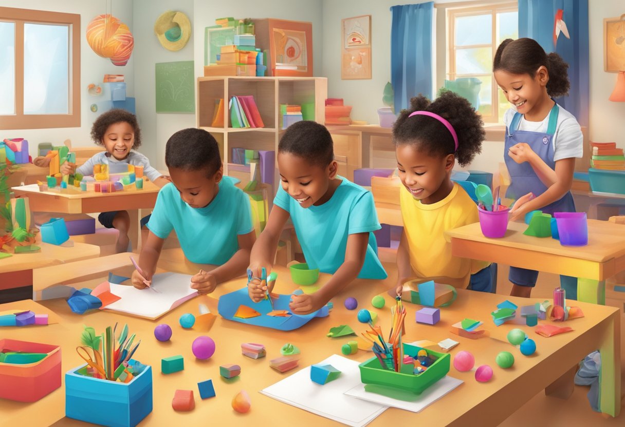 Holiday Learning Activities: Children engaged in hands-on activities, experimenting, and problem-solving with holiday-themed materials and tools in a colorful and lively learning environment