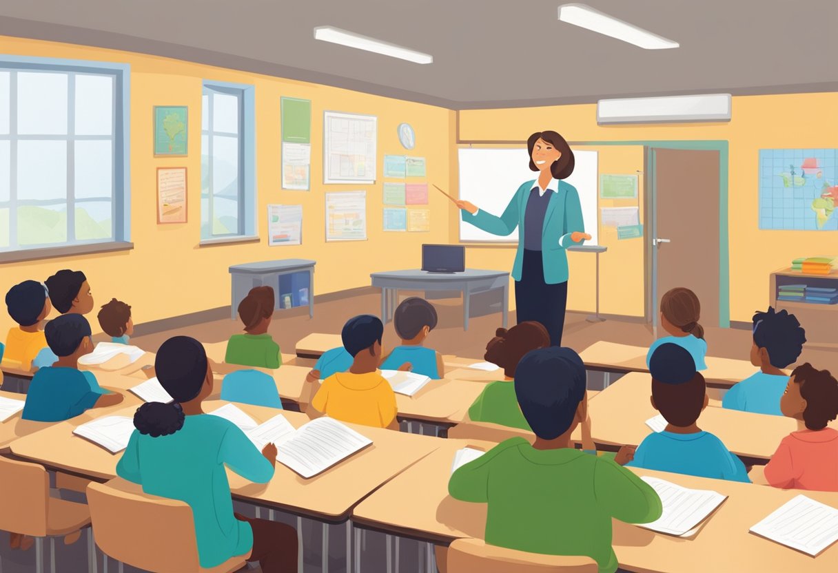 School Communication: A teacher standing in front of a classroom, pointing to a colorful chart while students listen attentively at their desks