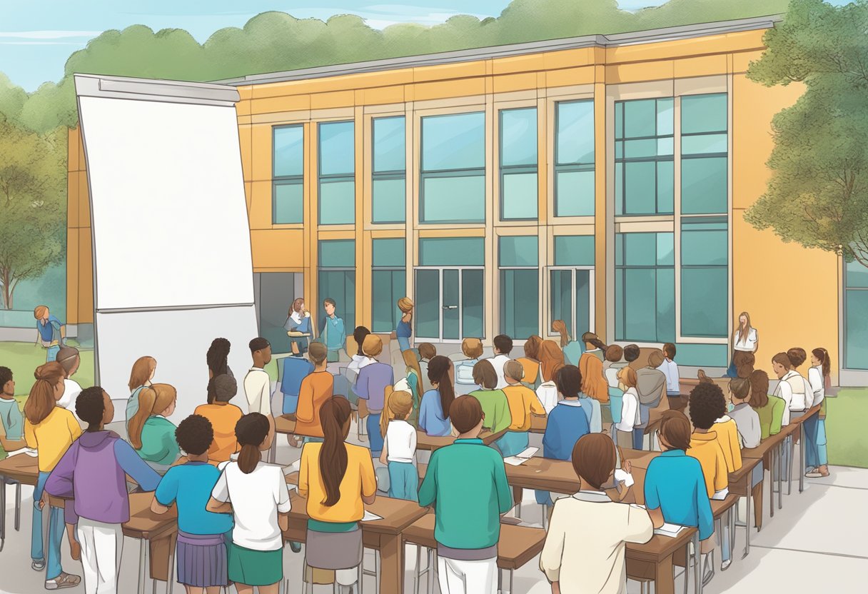 School Communication: A school building with a large communication board outside, surrounded by students and teachers engaged in conversation