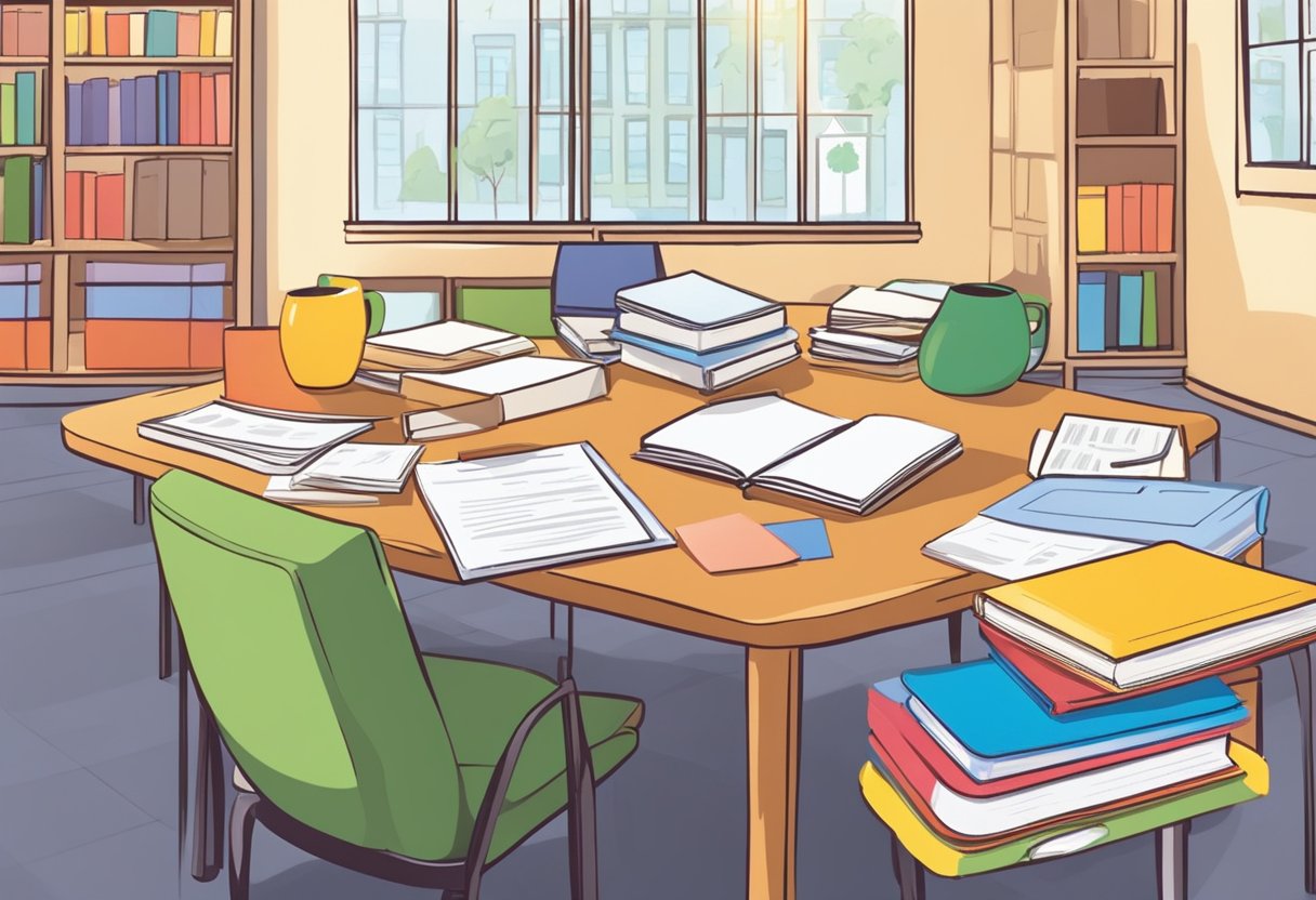 Parent Workshop Materials: A table with various educational materials, including books, pamphlets, and worksheets, is set up in a brightly lit room for a parent workshop