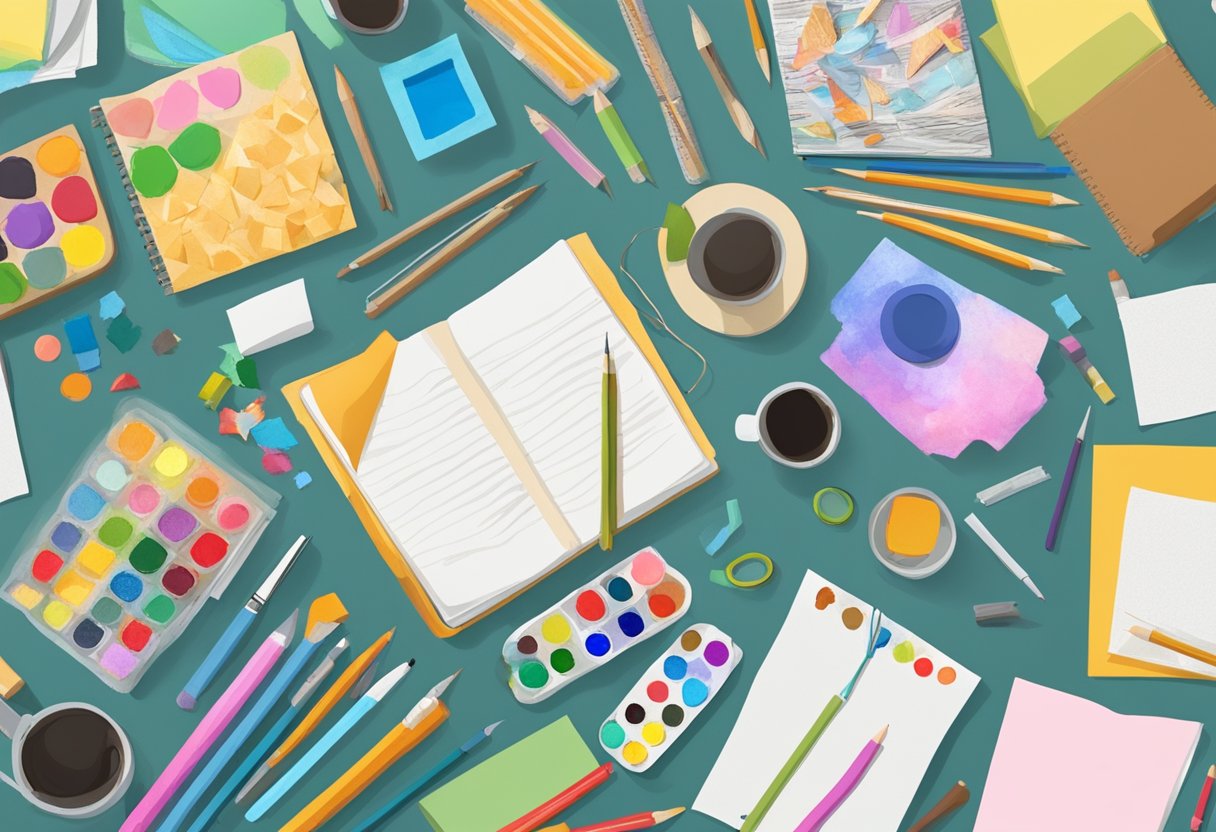 Parent Workshop Materials: A table covered in colorful art supplies, papers, and craft materials laid out for a parent workshop