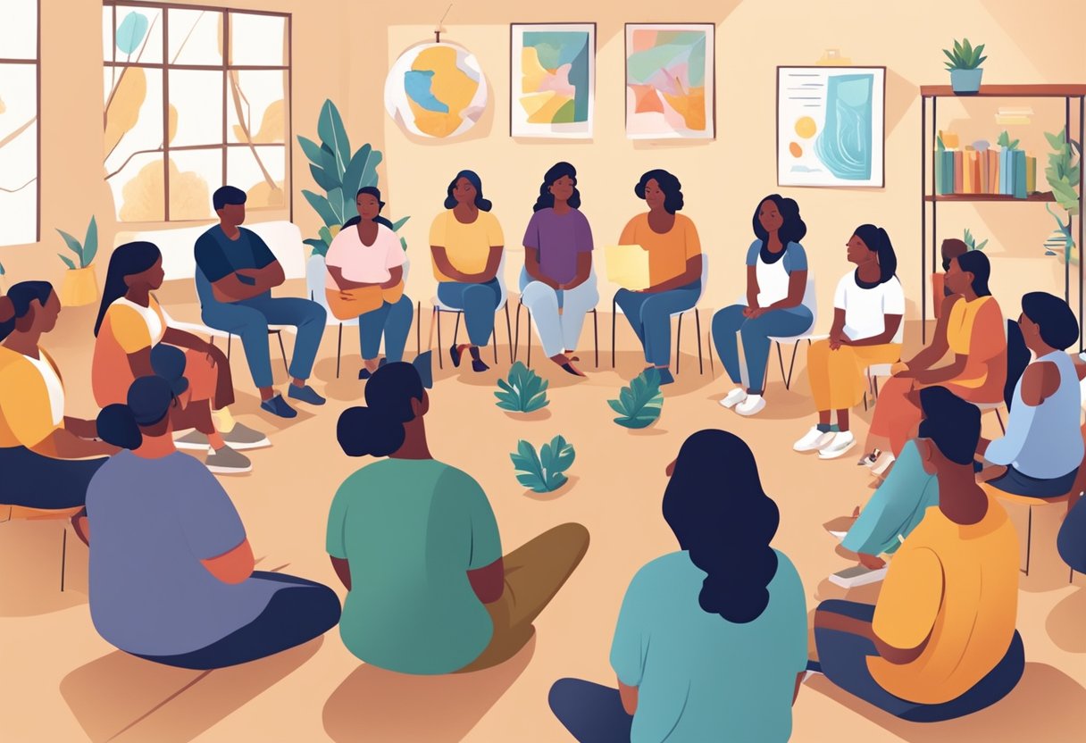 Parent Workshop Materials: A group of diverse parents sit in a circle, engaged in discussion and activities. A facilitator leads the workshop, surrounded by colorful posters and resources