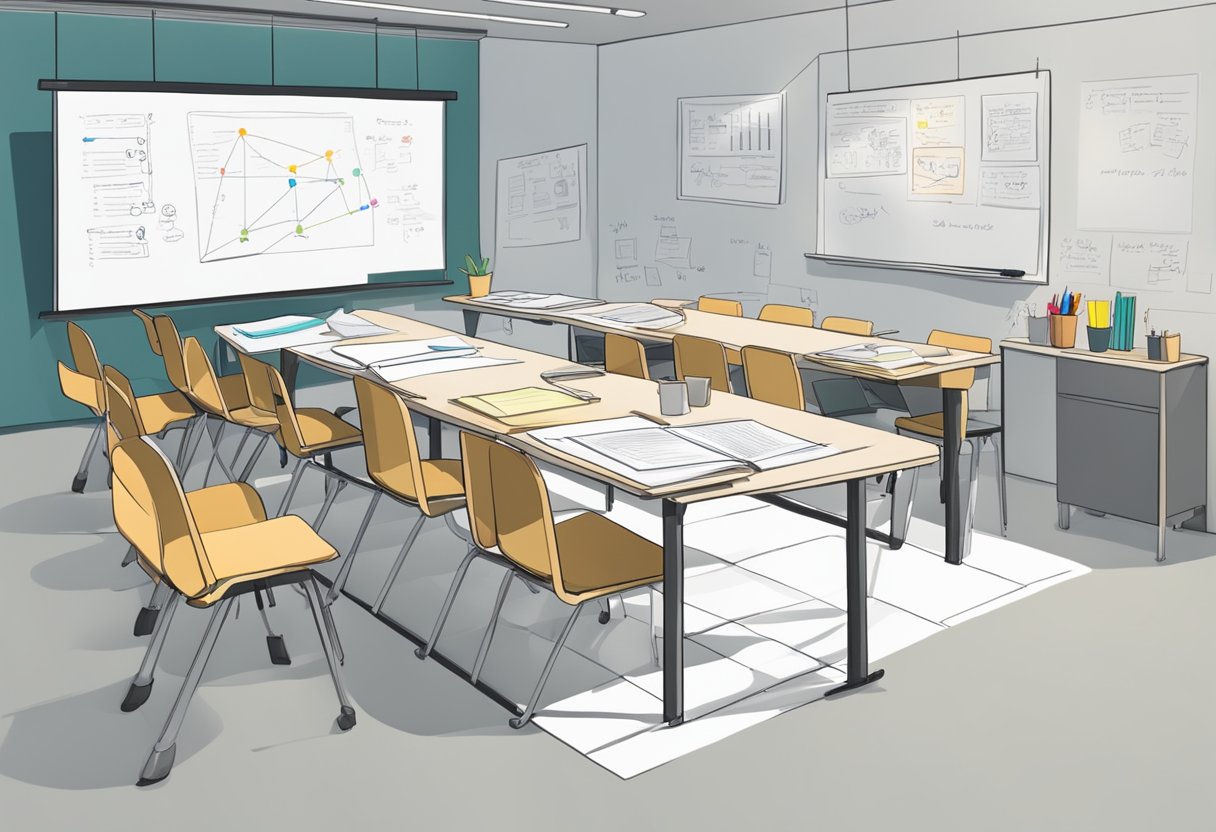 Parent Workshop Materials: A table with workshop materials and handouts, surrounded by chairs. A whiteboard with notes and diagrams in the background