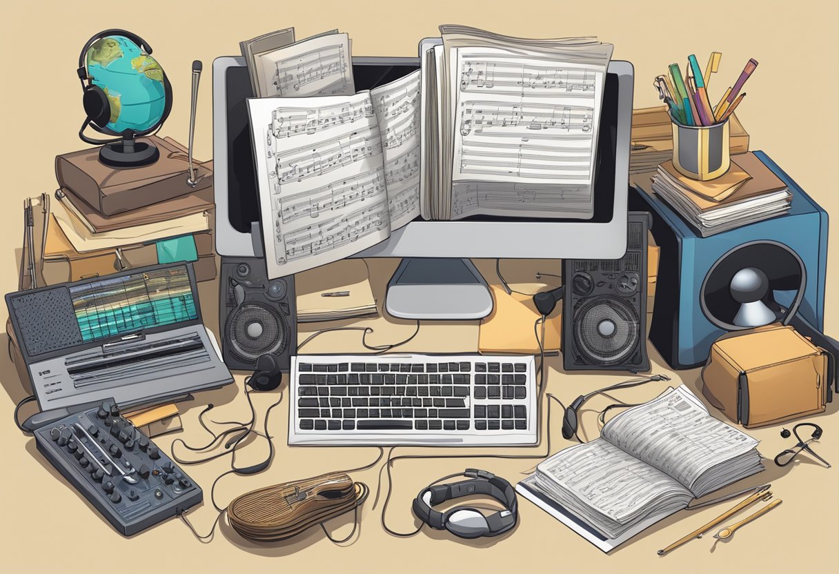 Music Teaching Resources: Enhancing Your Classroom Experience Music teaching,music education LearningMole Music Teaching Resources: A cluttered desk with sheet music, instruments, and a computer displaying music teaching resources