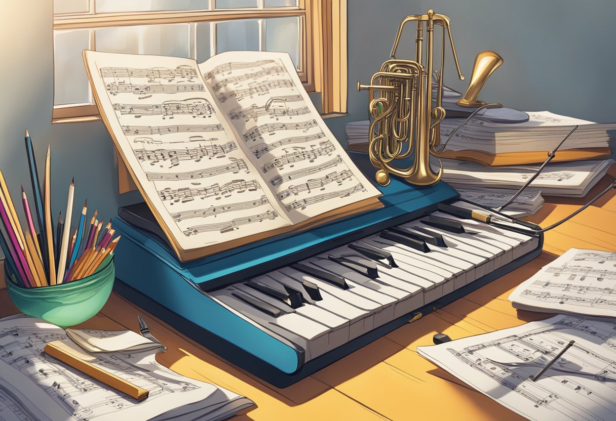 Music Notation Guides: A cluttered desk with scattered music sheets, pencils, and a metronome. A bright window illuminates the scene
