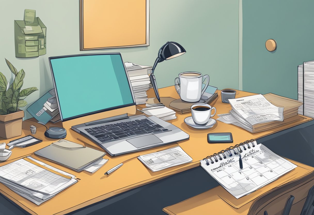 Progress Report Creator: Simplifying Student Assessments progress report,progress LearningMole Progress Report Creator: A cluttered desk with a computer, papers, and a cup of coffee. A calendar on the wall shows a deadline approaching