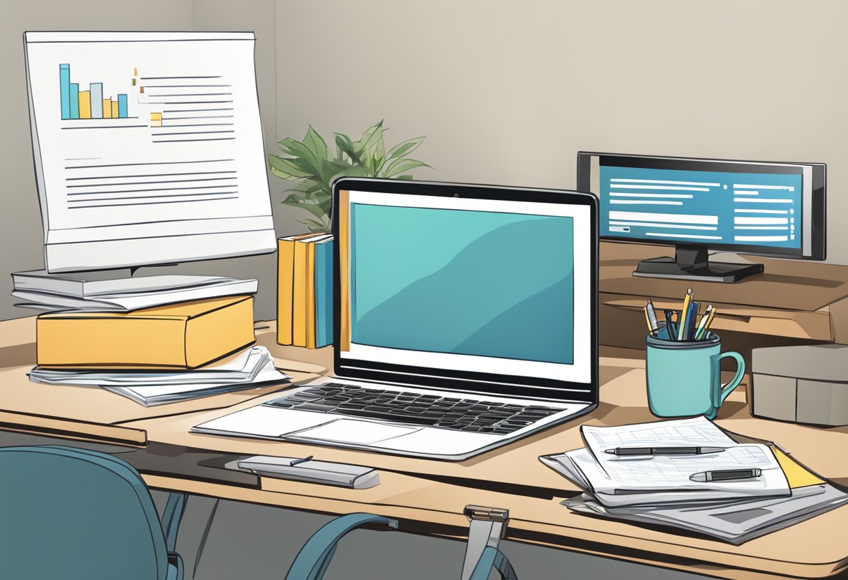 Progress Report Creator: Simplifying Student Assessments progress report,progress LearningMole Progress Report Creator: A desk with a computer, notebook, and pen. A progress report displayed on the screen. A stack of papers labeled "Frequently Asked Questions" next to it