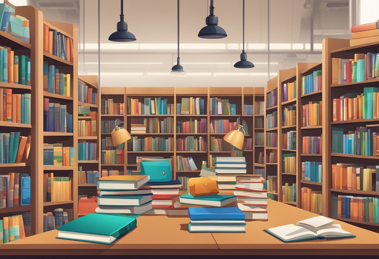 Educational Content Library: A library filled with educational content, including books, digital resources, and learning materials, organized neatly on shelves and tables