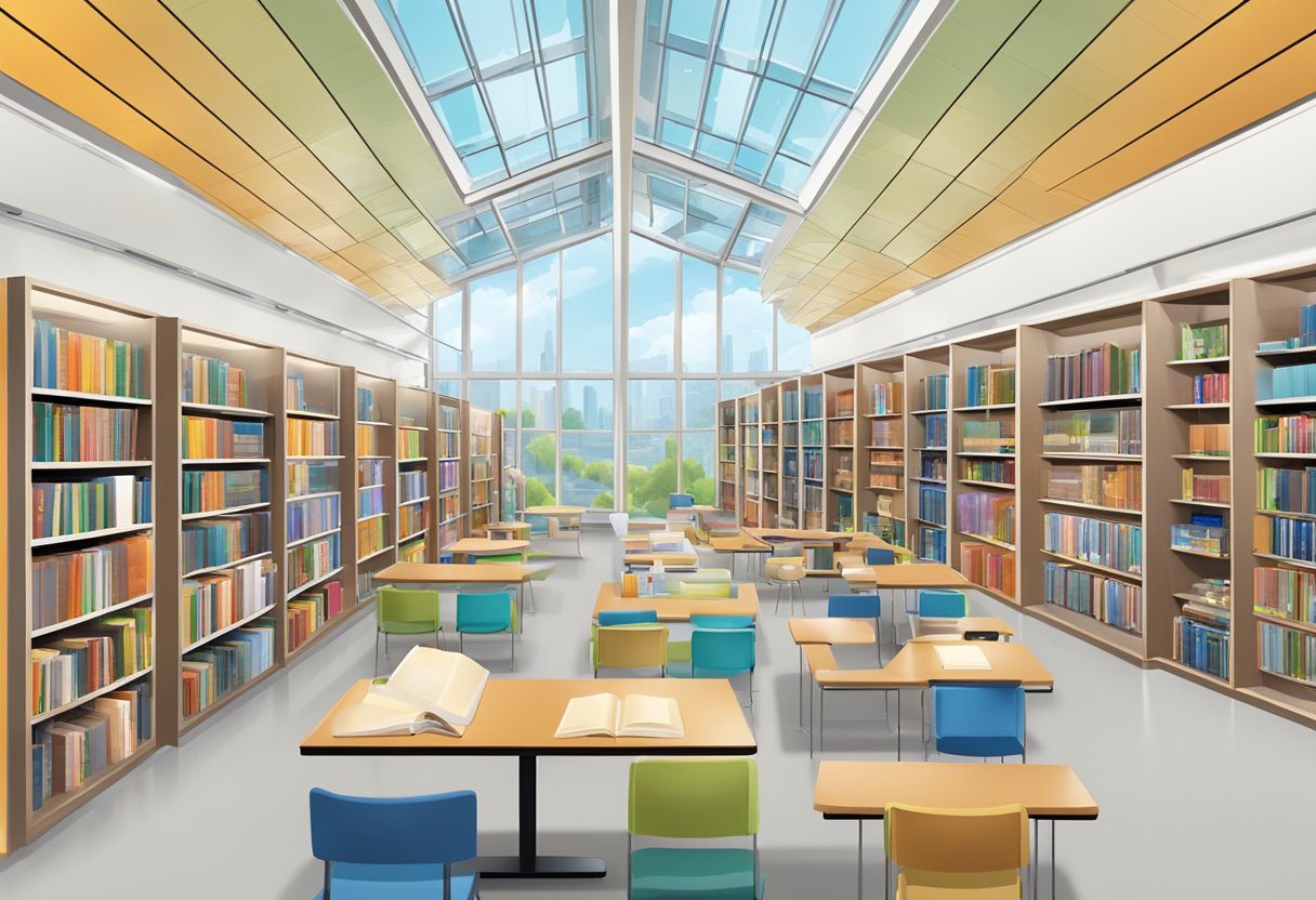 Educational Content Library: A diverse collection of educational resources displayed on digital screens and organized in a modern, well-lit library setting