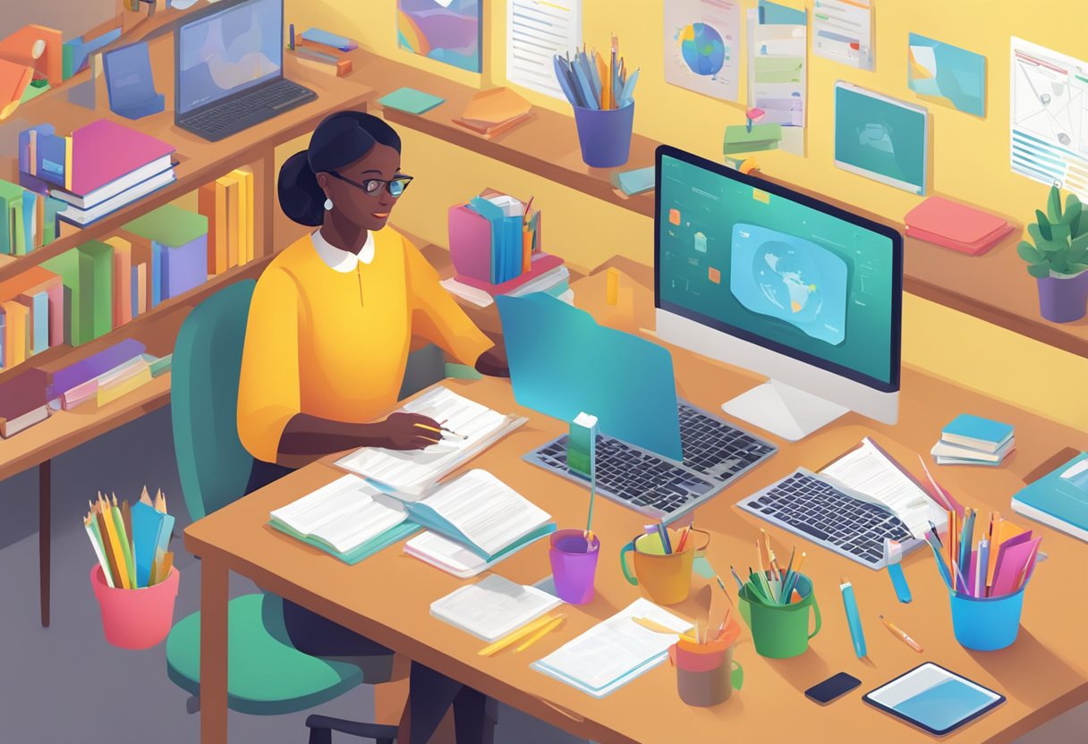 Time-Saving Teaching Resources: A teacher at a desk surrounded by colorful, interactive teaching materials and digital devices
