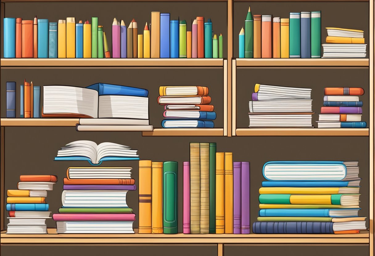 Time-Saving Teaching Resources: A stack of neatly organized teaching resources and materials, including books, worksheets, and educational tools, arranged in a visually appealing and inviting display