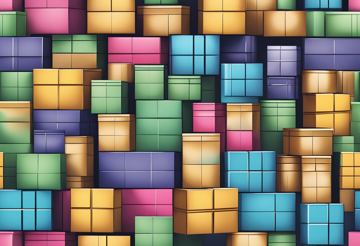 A stack of boxes with varying sizes and colors, surrounded by price tags and percentage symbols indicating bulk purchase discounts