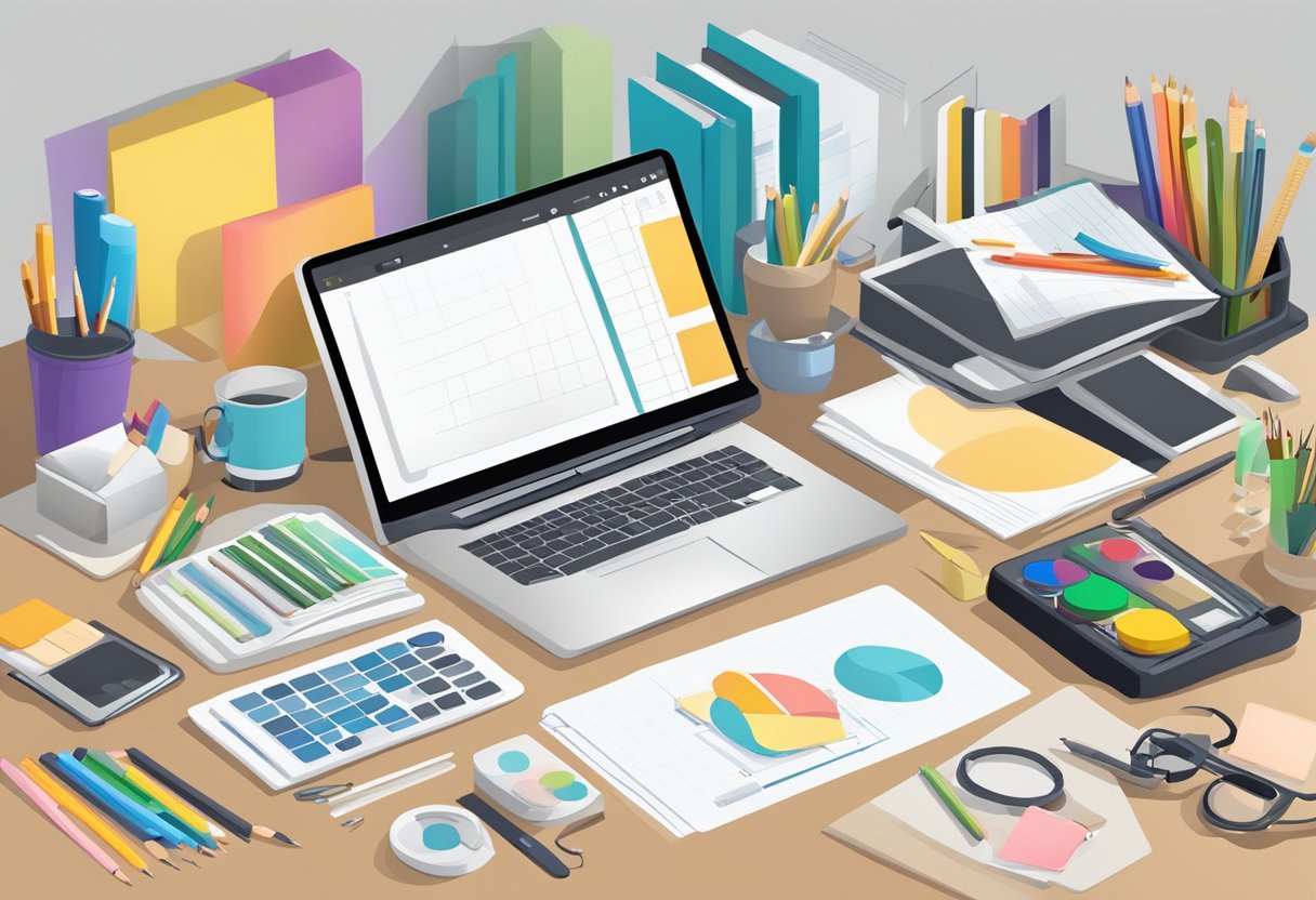 Interactive Worksheet Maker: A desk with a computer, tablet, and various art supplies, surrounded by interactive worksheets and design essentials