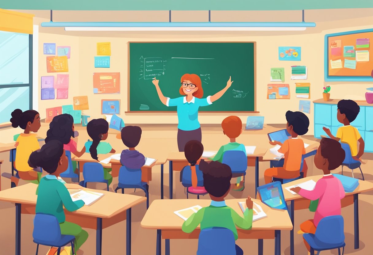 Premium Lesson Templates: Elevate Your Teaching Game premium lesson template,LEsson plan,lesson LearningMole Premium Lesson Templates: A classroom with bright colors, motivational posters, and interactive learning materials. A teacher engages with enthusiastic students