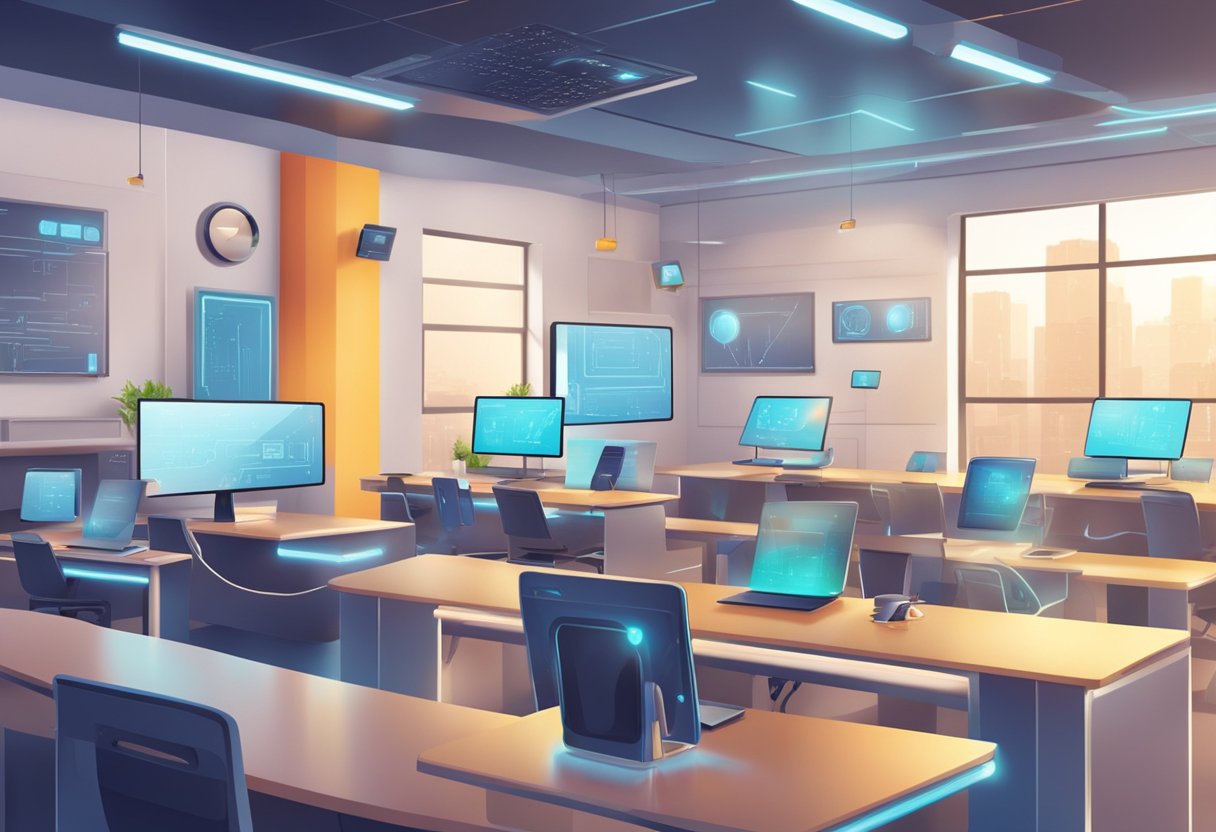 Education Platform Training: Enhancing Digital Teaching Skills Education Platform,education LearningMole Education Platform Training: A futuristic classroom with AI-powered devices and technology tools for education and training