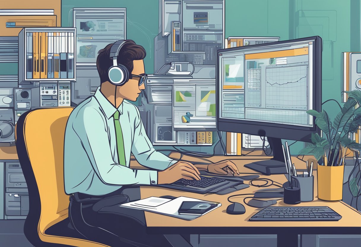 Technical Support Included: Enhancing Customer Experience with Inclusive Assistance Technical support,technical LearningMole Technical Support Included: A person sitting at a desk with a computer, surrounded by various communication devices such as a phone, tablet, and headset, accessing technical support channels
