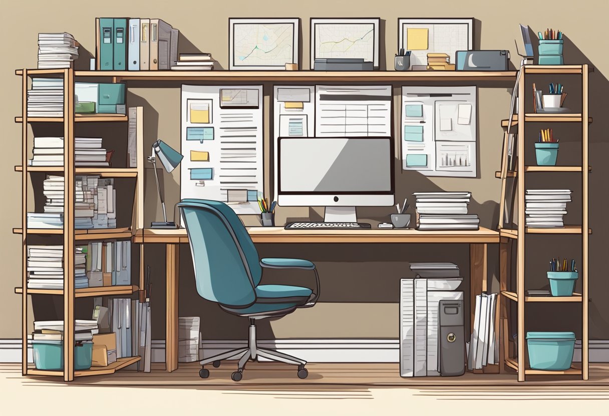 Resource Customisation Help: A desk with a computer and various office supplies, surrounded by shelves of books and binders. A corkboard on the wall displays notes and reminders