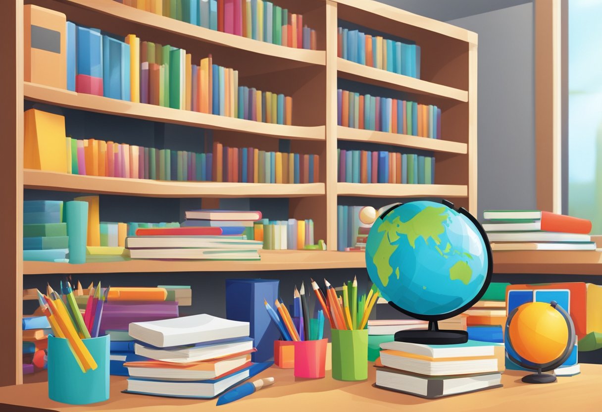 International School Resources: Enhancing Global Education Systems International school,education LearningMole International school: A diverse array of school supplies, such as textbooks, globes, and art materials, arranged neatly on shelves and tables in a bright, modern classroom